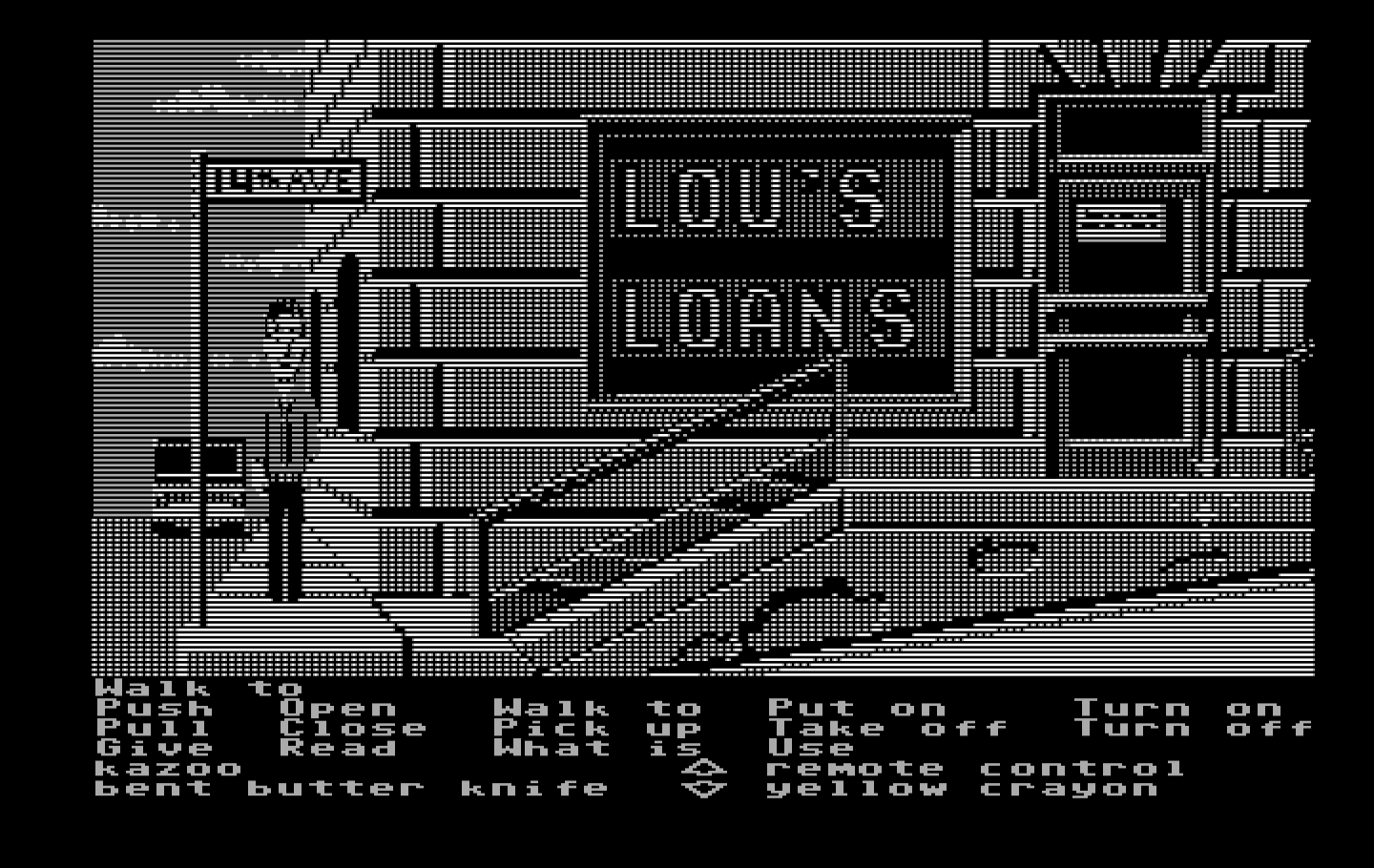 Zak McKracken and the Alien Mindbenders IBM PC/Compatibles Screenshot: Outside Lou's Loans...