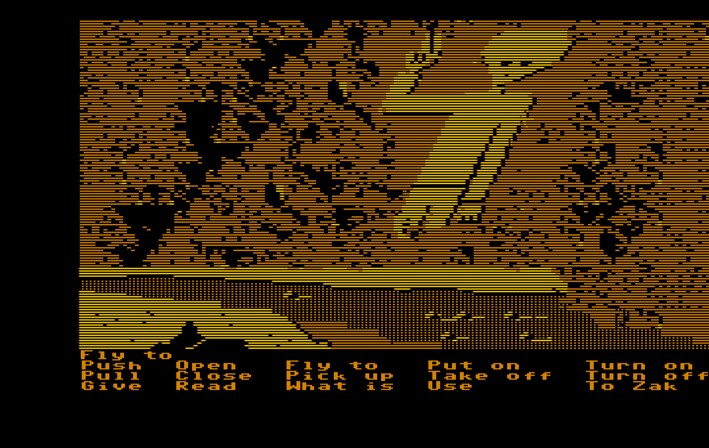Zak McKracken and the Alien Mindbenders IBM PC/Compatibles Screenshot: Flying towards a large alien sculpture...