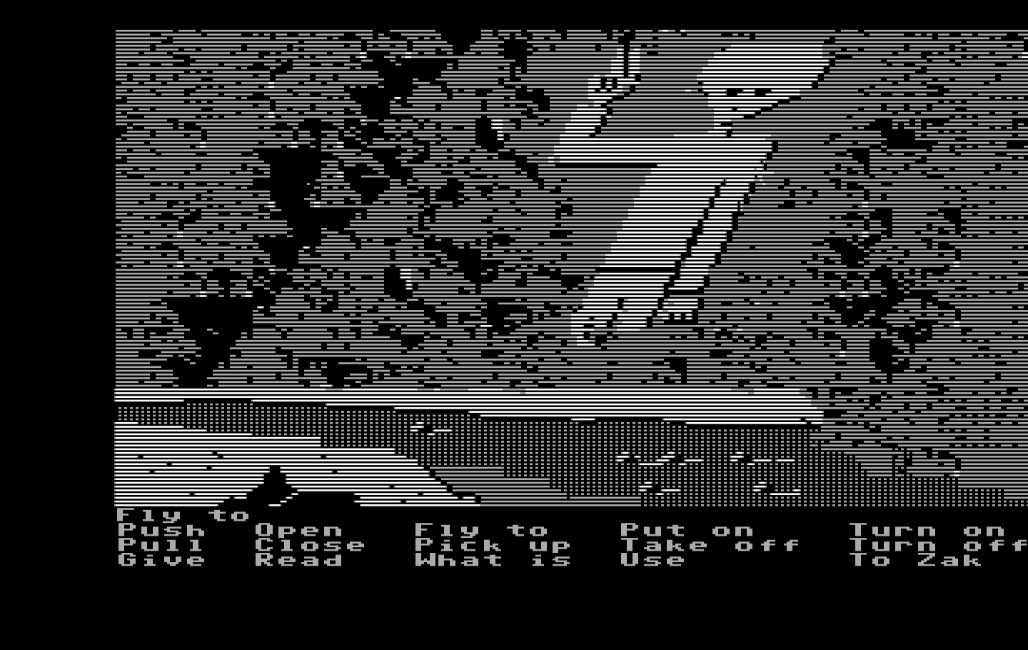 Zak McKracken and the Alien Mindbenders IBM PC/Compatibles Screenshot: Flying towards a large alien sculpture...
