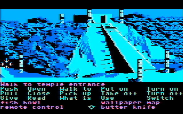 Zak McKracken and the Alien Mindbenders IBM PC/Compatibles Screenshot: Temple entrance...and the start of a maze!