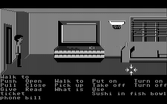 Zak McKracken and the Alien Mindbenders IBM PC/Compatibles Screenshot: Zak's living room, featuring a very large T.V...