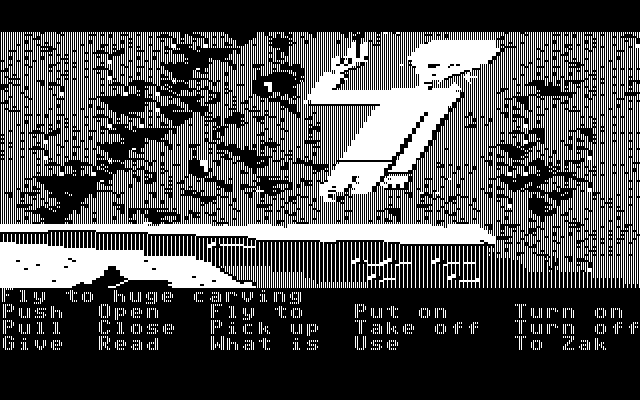 Zak McKracken and the Alien Mindbenders IBM PC/Compatibles Screenshot: Flying towards a giant alien sculpture...