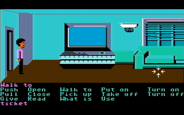 Zak McKracken and the Alien Mindbenders IBM PC/Compatibles Screenshot: Zak's living room, featuring a very large T.V.!