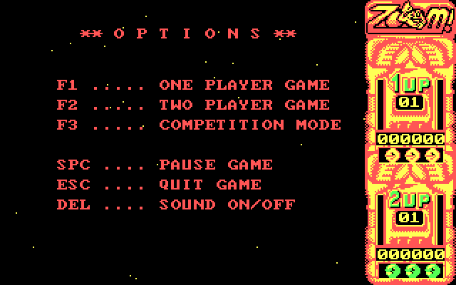Zoom! IBM PC/Compatibles Screenshot: Game options.