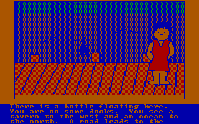 Hi-Res Adventure #4: Ulysses and the Golden Fleece IBM PC/Compatibles Screenshot: There is a bottle floating in the water here.