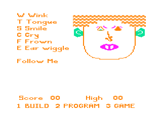 FaceMaker TRS-80 Color Computer Screenshot: It's time to play a game with my face!  (color set 1).