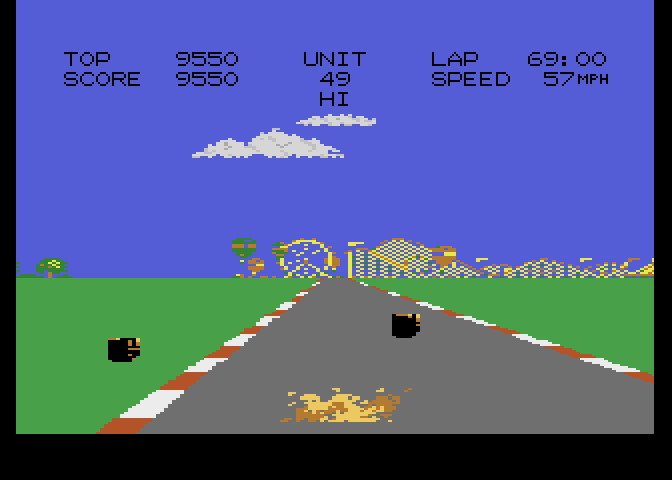 Pole Position II Atari 7800 Screenshot: Crash! You have infinite racecars, however precious time is lost.