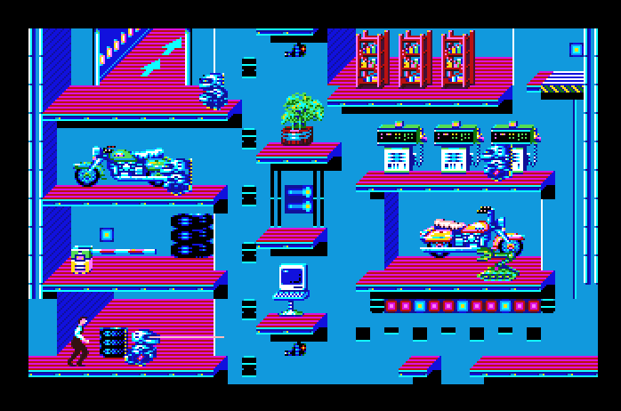 Impossible Mission II Apple IIgs Screenshot: Exploring a room; watch out for those robots!