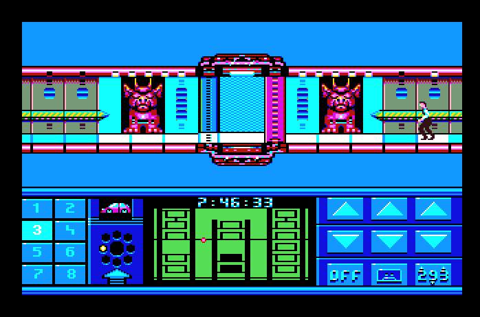 Impossible Mission II Apple IIgs Screenshot: The path to the next tower is blocked.