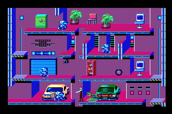 Impossible Mission II Apple IIgs Screenshot: Some robots try to shove you into holes in the floor...