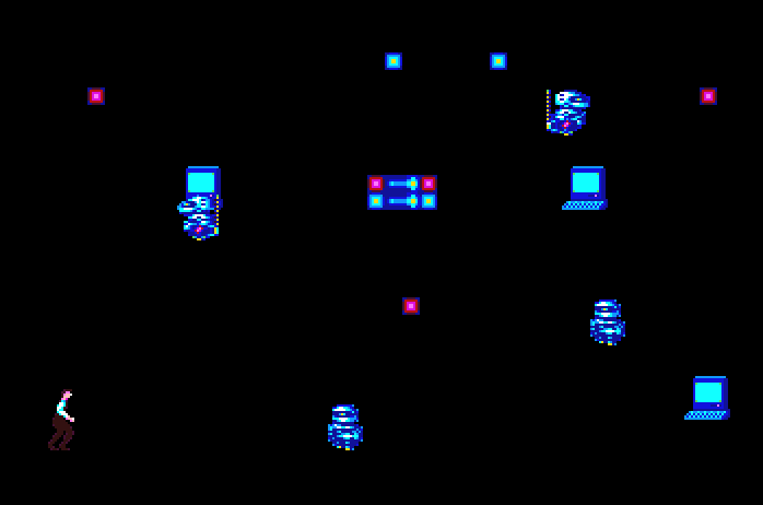 Impossible Mission II Apple IIgs Screenshot: Sometimes the lights are out...which makes rooms difficult to navigate.