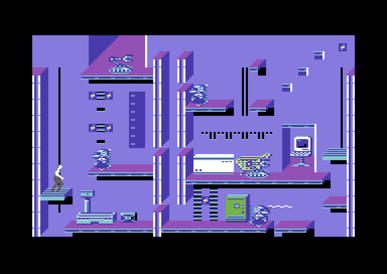 Impossible Mission II Commodore 64 Screenshot: Use these platforms to reach new areas.