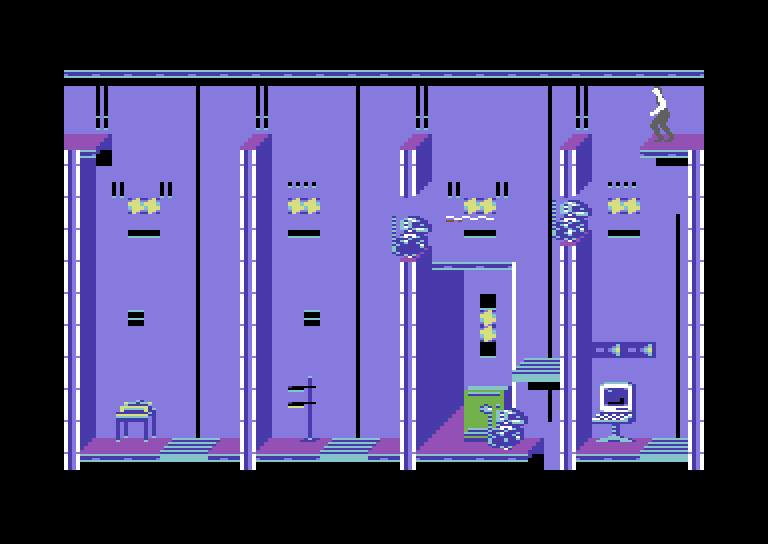Impossible Mission II Commodore 64 Screenshot: Each room has a different layout.