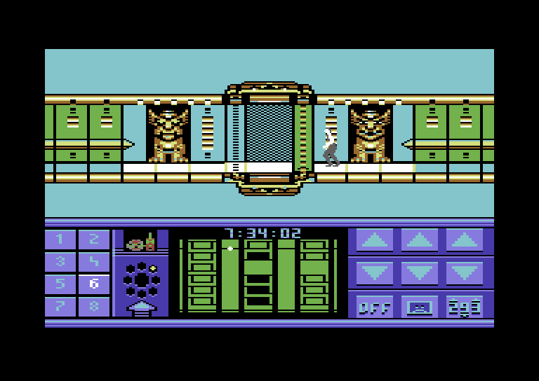 Impossible Mission II Commodore 64 Screenshot: The path to the next tower is blocked.