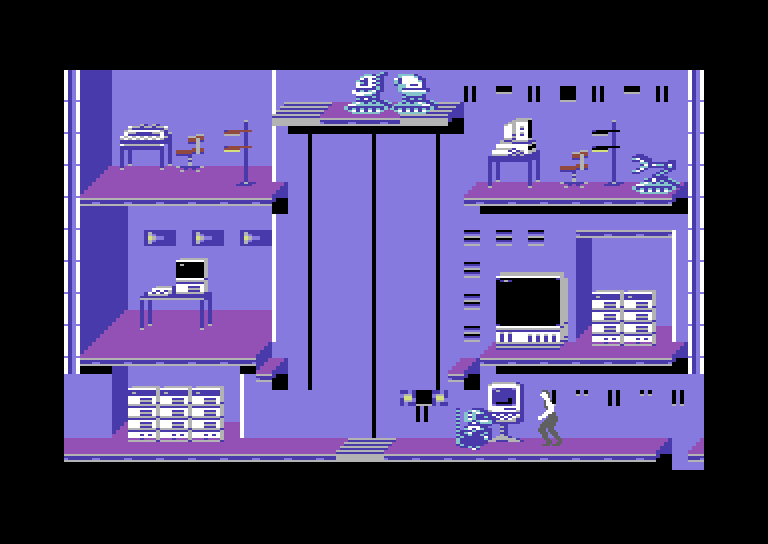 Impossible Mission II Commodore 64 Screenshot: Avoid robots when exploring.