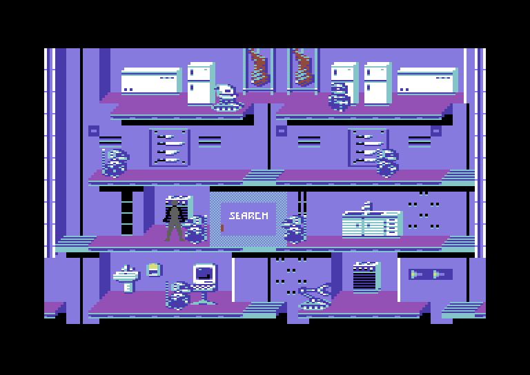 Impossible Mission II Commodore 64 Screenshot: Searching...and caught by a robot!