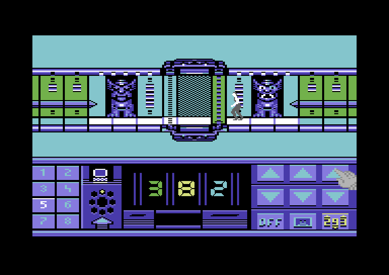 Impossible Mission II Commodore 64 Screenshot: Attempting to enter the code to reach the next tower.