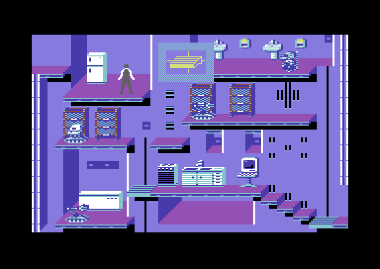 Impossible Mission II Commodore 64 Screenshot: Searching...and found something!