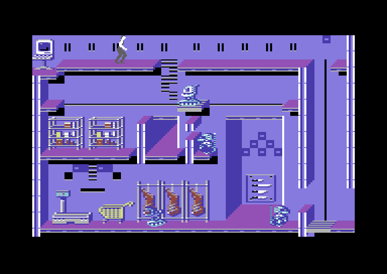 Impossible Mission II Commodore 64 Screenshot: Exploring one of many rooms.