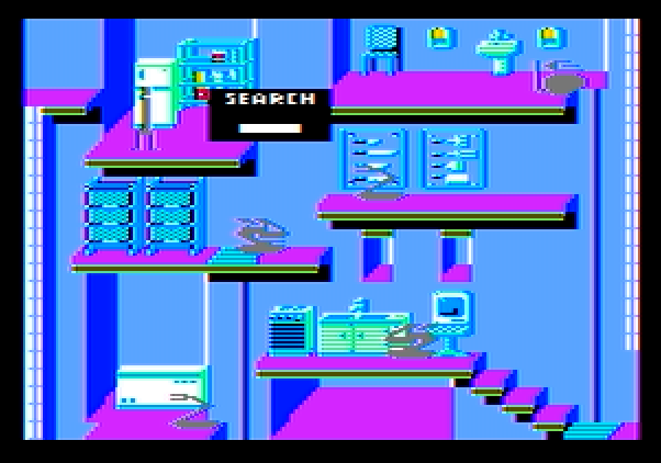 Impossible Mission II Apple II Screenshot: Searching...The longer the bar, the longer it takes to find something...