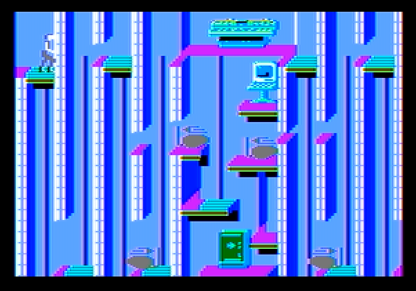 Impossible Mission II Apple II Screenshot: This room is tricky to navigate.