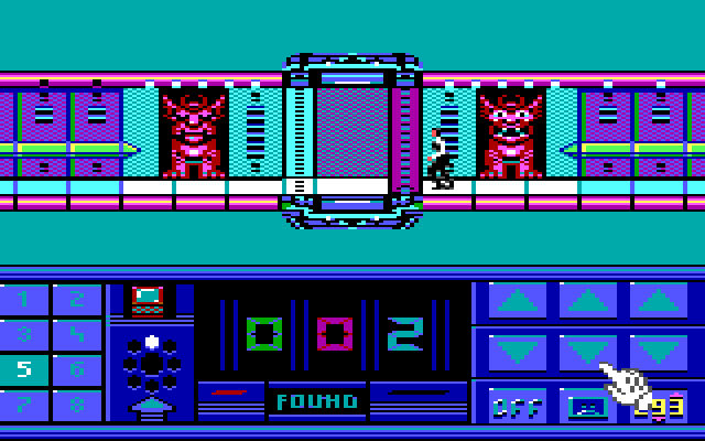Impossible Mission II IBM PC/Compatibles Screenshot: Attempting to piece together the combination for the next tower.