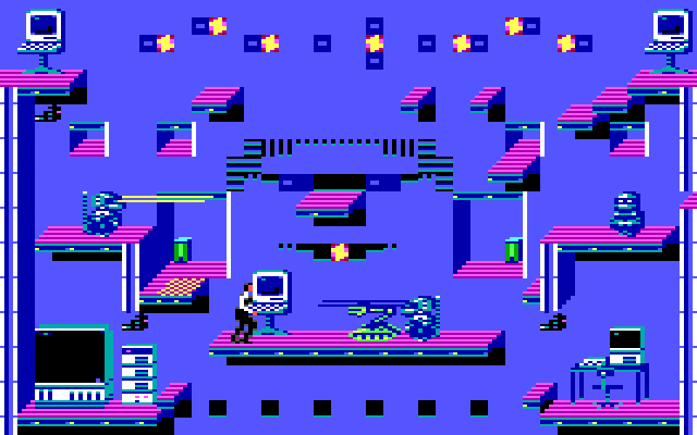 Impossible Mission II IBM PC/Compatibles Screenshot: Don't get caught by robots when navigating rooms...