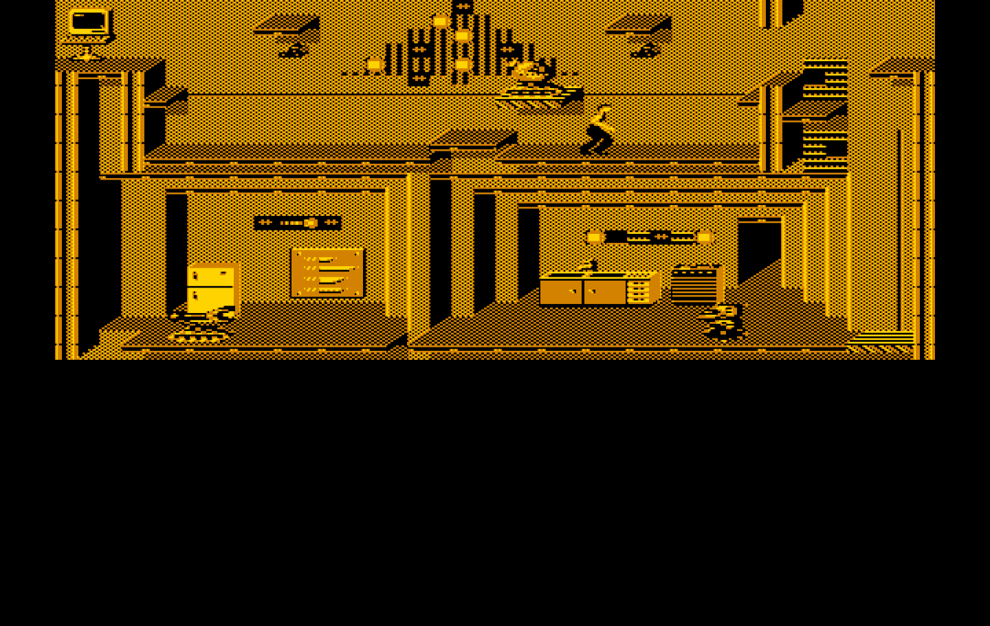 Impossible Mission II IBM PC/Compatibles Screenshot: Some robots like to move the platforms around which can mess up your strategy.