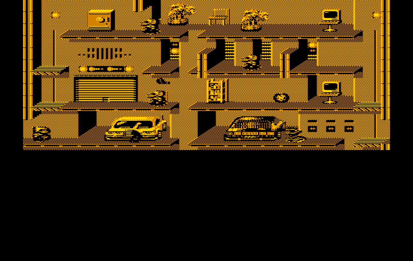 Impossible Mission II IBM PC/Compatibles Screenshot: Attempting to search some cars in the garage.