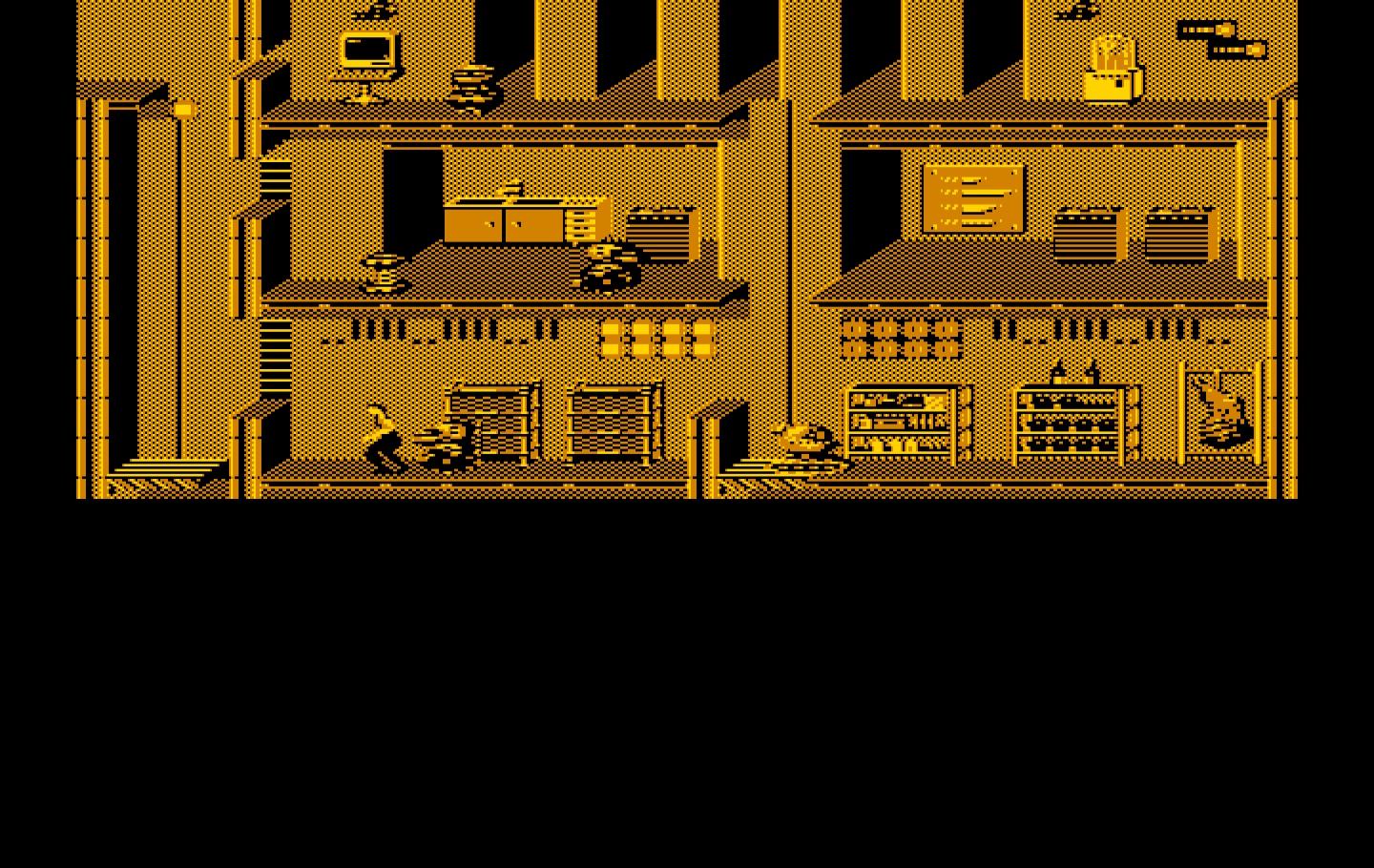 Impossible Mission II IBM PC/Compatibles Screenshot: Robots often get in the way when trying to search...
