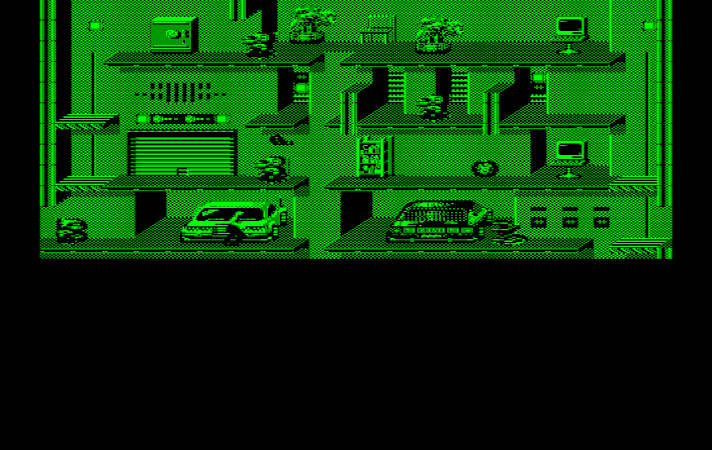 Impossible Mission II IBM PC/Compatibles Screenshot: Attempting to search some cars in the garage.