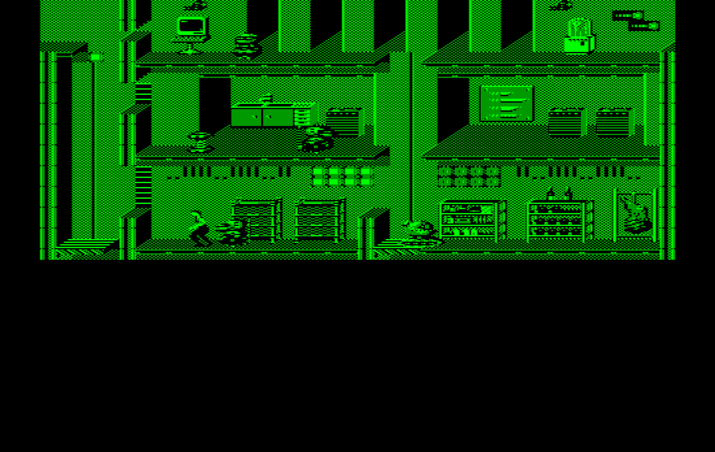 Impossible Mission II IBM PC/Compatibles Screenshot: Robots often get in the way when trying to search...