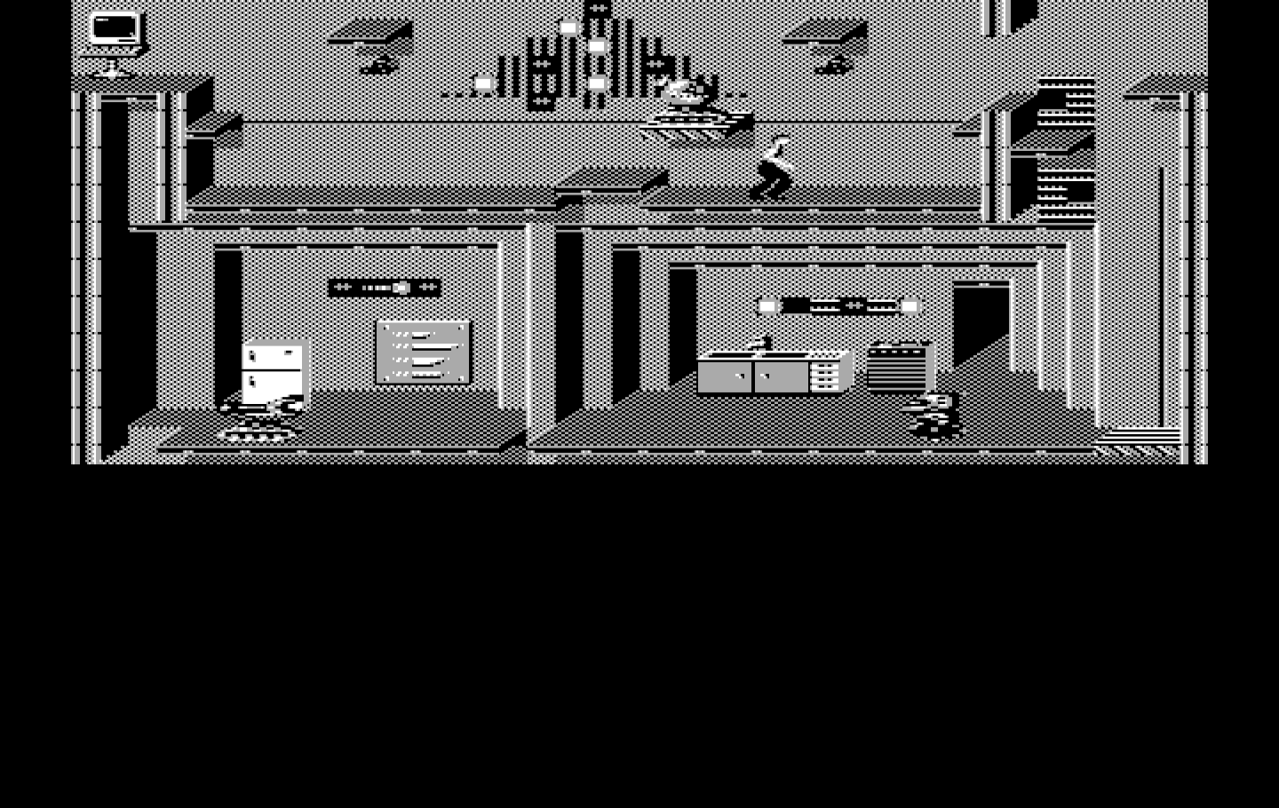Impossible Mission II IBM PC/Compatibles Screenshot: Some robots like to move the platforms around which can mess up your strategy.