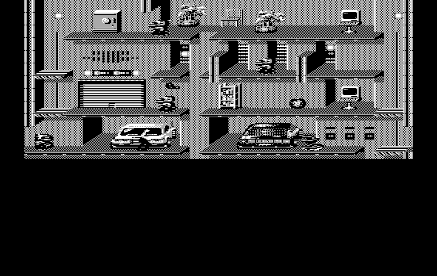 Impossible Mission II IBM PC/Compatibles Screenshot: Attempting to search some cars in the garage.