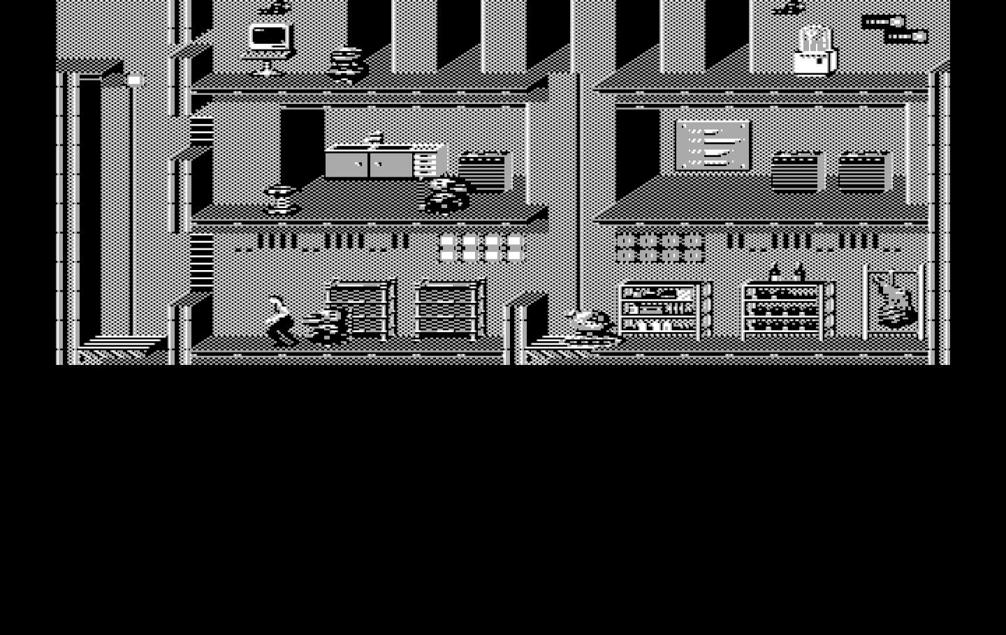 Impossible Mission II IBM PC/Compatibles Screenshot: Robots often get in the way when trying to search...