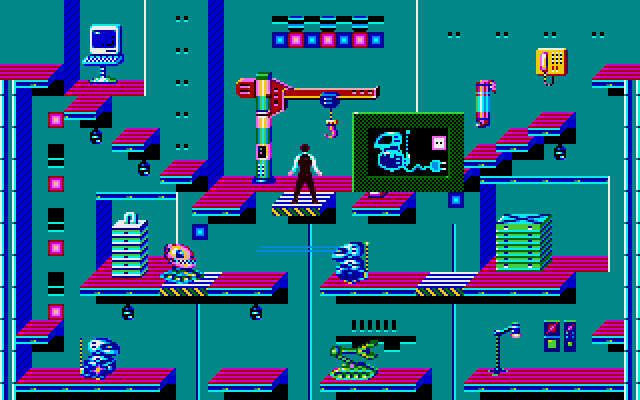 Impossible Mission II Amiga Screenshot: I found a bonus item that temporarily unplugs robots!