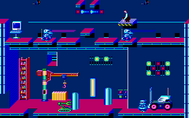 Impossible Mission II Amiga Screenshot: When riding a moving platform you may need to duck to avoid getting knocked off.