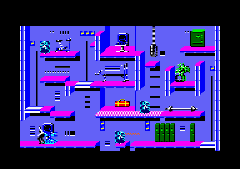 Impossible Mission II Amstrad CPC Screenshot: This robot is trying to shove me out of the room...