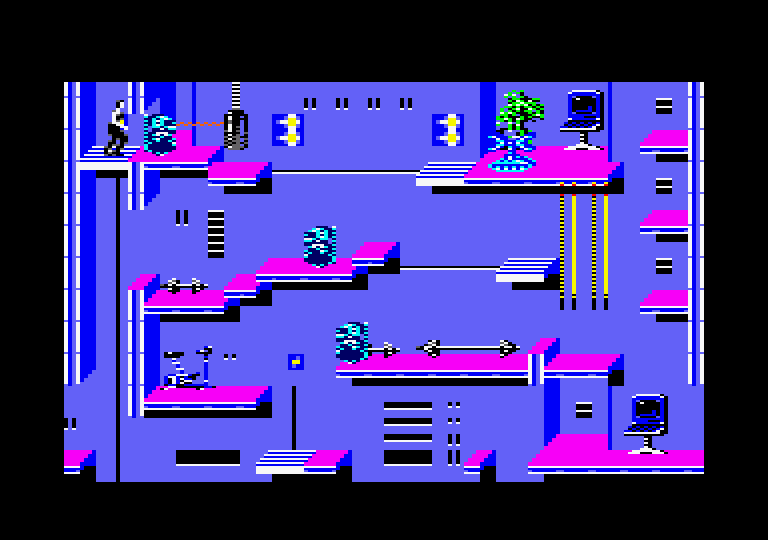 Impossible Mission II Amstrad CPC Screenshot: Careful, don't get zapped by robots!