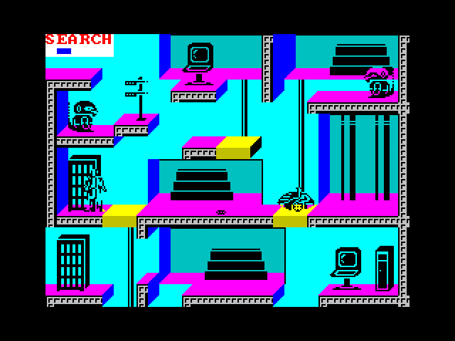 Impossible Mission II ZX Spectrum Screenshot: Searching for items...