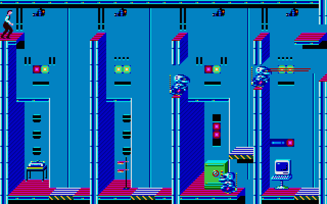 Impossible Mission II Atari ST Screenshot: Jump and use moving platforms to navigate through this room.