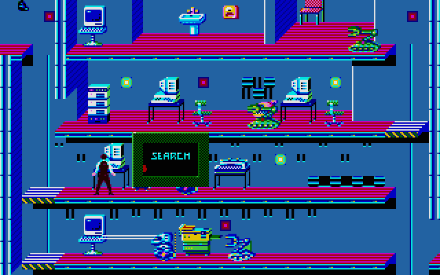 Impossible Mission II Atari ST Screenshot: Search quick before the robots get you!
