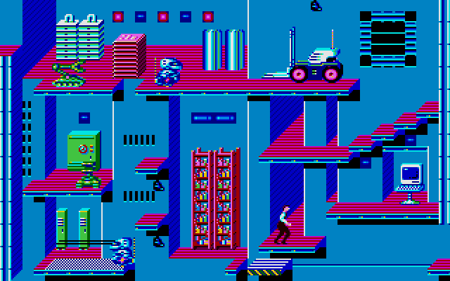 Impossible Mission II IBM PC/Compatibles Screenshot: You'll need to jump from platform to platform; valuable time is lost for falling off the bottom of the screen.