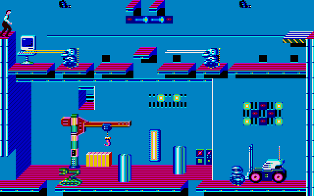 Impossible Mission II IBM PC/Compatibles Screenshot: Some robots shoot lasers; be sure to avoid them!