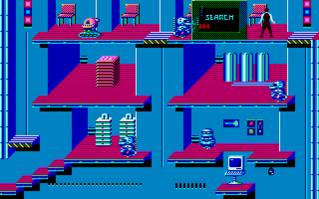 Impossible Mission II IBM PC/Compatibles Screenshot: Searching furniture to see if anything valuable is hidden...