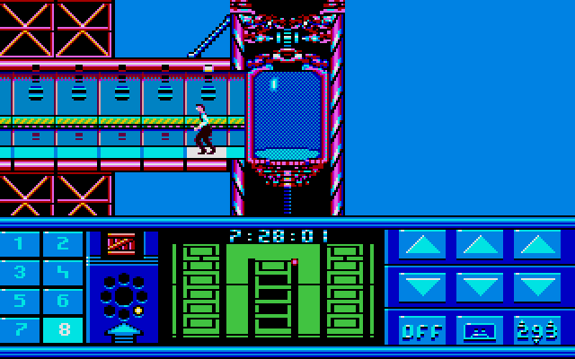 Impossible Mission II IBM PC/Compatibles Screenshot: Riding the elevator to the top of the current tower...