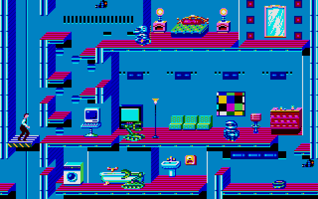 Impossible Mission II IBM PC/Compatibles Screenshot: Riding a vertical platform...
