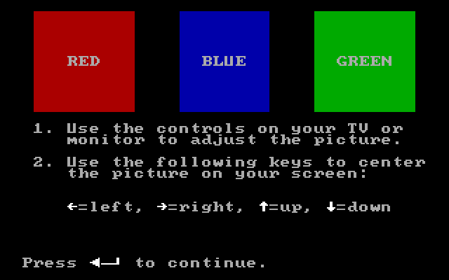 Volcanoes IBM PC/Compatibles Screenshot: The game starts with a color calibration screen.