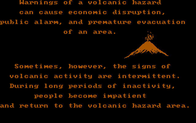 Volcanoes IBM PC/Compatibles Screenshot: About volcanic erruption warnings.