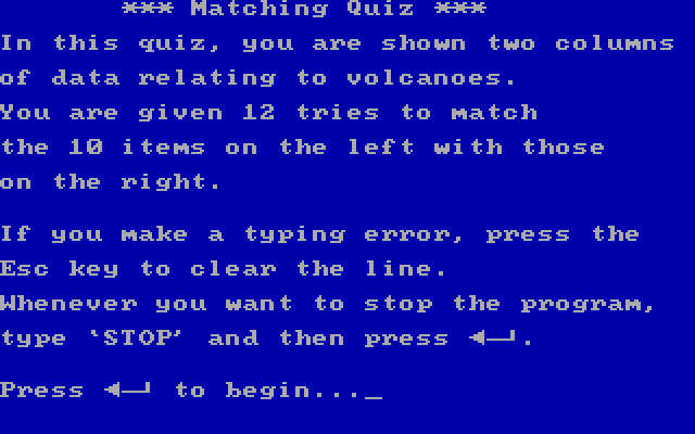 Volcanoes IBM PC/Compatibles Screenshot: Matching quiz instructions.